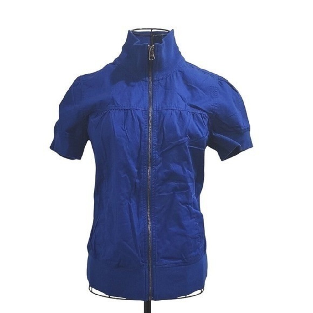 Rubbish Short Sleeve Jacket Women M Blue Full Zip Mock Neck Casual Chic Preppy